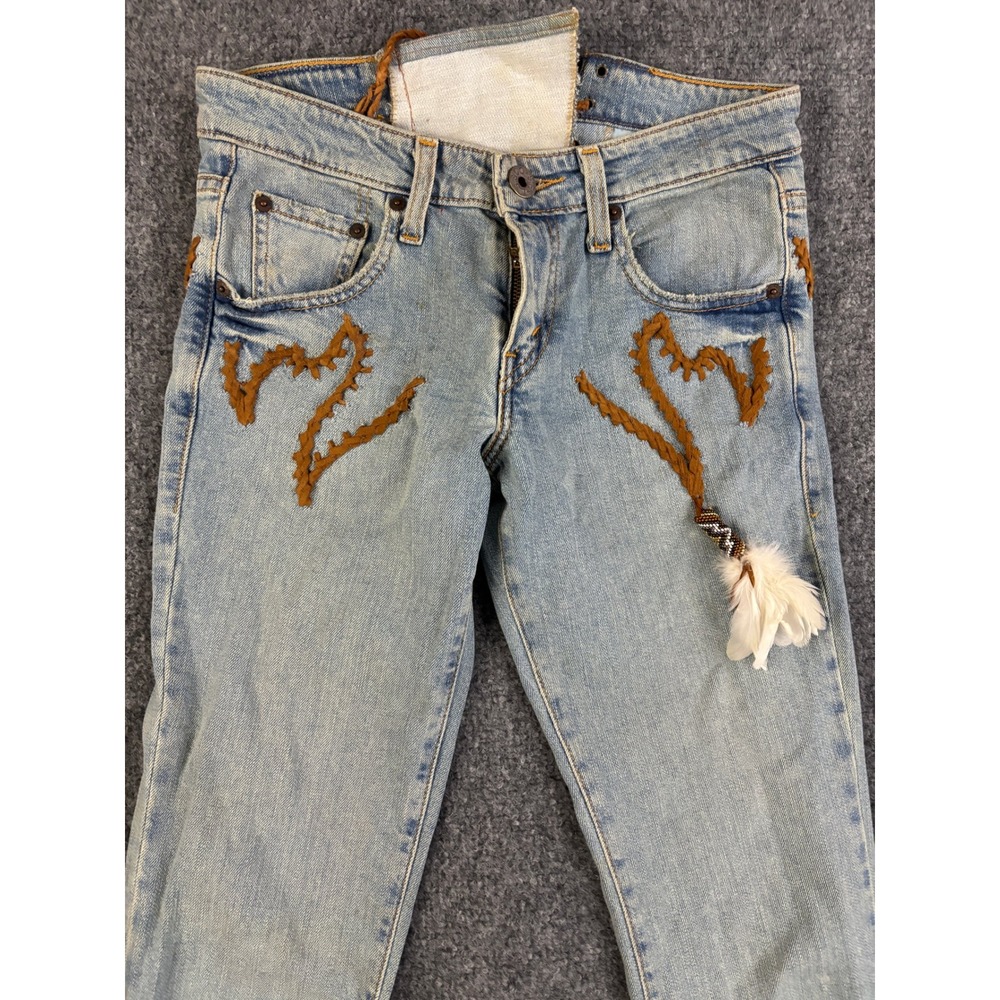 Michelle Julene Couture Levi's Upcycled Jeans Leather Fringe Lace Up OOAK - Picture 5 of 15